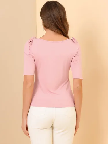 Vista 5 de Allegra K Blusa de verano con cuello barco y manga de codo para mujer