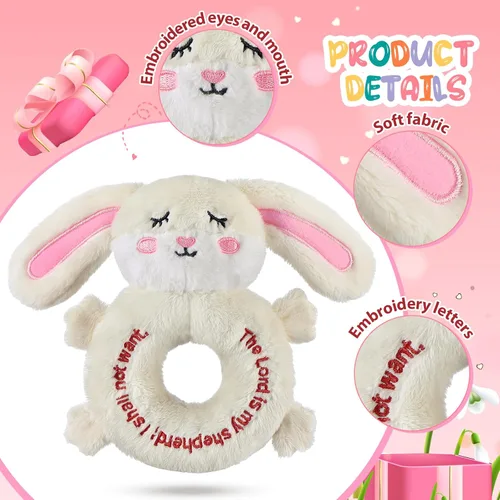 Vista 5 de Karenhi Peluche beige de conejito pequeño animal de peluche rezando bautismo de felpa suave para acurrucarse, juguete de Dios bordado, regalos