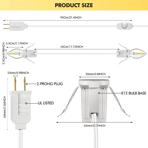 Vista 6 de Cable accesorio con bombillas LED, cable blanco de 14.8 pies con lámpara C7, enchufe de interruptor de encendido/apagado, fusibles de repuesto