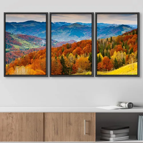Vista 3 de wall26 Lienzo enmarcado para pared, juego de arte rojo, verde y amarillo, bosque de montaña otoñal, naturaleza, desierto, fotografía, realismo