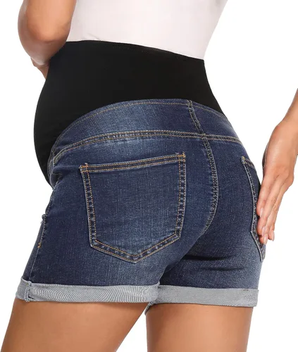 Vista 4 de Foucome Pantalones cortos de mezclilla de maternidad con dobladillo 135 azul oscuro