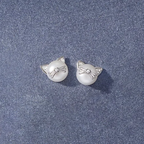 Vista 4 de Ross-Simons 8-8.5mm Cultured Pearl Cat Earrings with Diamond Accents in Sterling Silver