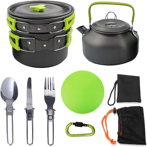 Vista 2 de Peidesi Camping Cookware Mess Kit, Portable Camp Stove Pots and Pans Set, Carabiner, Folding Knife, Fork Spoon Kit, Carry Mesh Bag,Teapot for