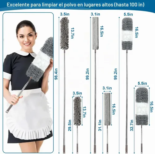 Vista 7 de Plumero de microfibra, 4 piezas con poste de extensión (acero inoxidable) de 30 a 100 pulgadas, plumeros reutilizables y flexibles, lavables