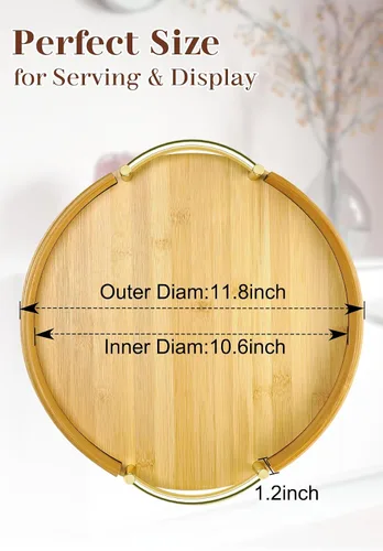 Vista 2 de JUPELI Bandeja redonda de bambú de 11.8 pulgadas con asas – Bandeja decorativa, bandeja de desayuno, bandeja de mesa de café, bandeja otomana, plato