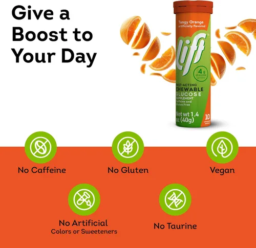 Vista 4 de Lift Comprimidos energéticos masticables de glucosa de acción rápida Naranja Tubo de 10 quilates (paquete de 12)