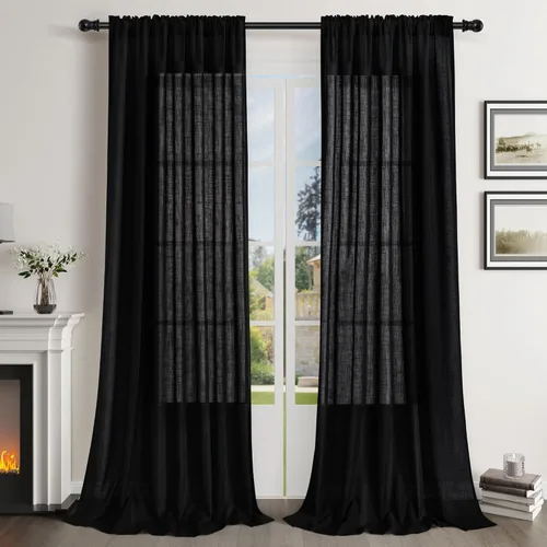 Vista 75 de Cortinas de lino verde aguamarina de 84 pulgadas de largo, juego de 2 paneles semitransparentes con bolsillo para barra para comedor, decoración