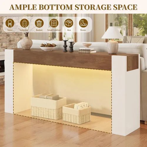 Vista 8 de 63-Inch Farmhouse Console Sofa Table with Power Outlets & LED Lights
