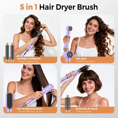 Vista 2 de Cepillo secador de pelo 5 en uno con pantalla LCD, cepillo de secado de pelo mejorado para rizar el aire, cepillo redondo iónico para mujeres