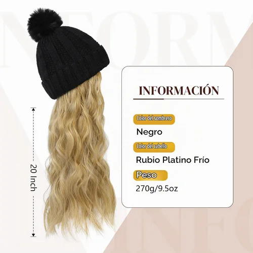 Vista 3 de Flufymooz Gorro con peluca, extensión de pelo con gorro de piel sintética con pompón largo ondulado rizado, peluca con gorro adjunto de 20 pulgadas