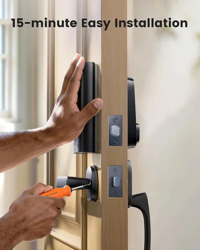 Vista 7 de Cerradura Inteligente de Perno de Seguridad con Huella Dactilar y 2 Manijas de Palanca, Juego de Cerradura de Puerta Frontal sin Llave, Cerradura