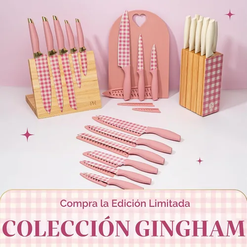 Vista 2 de Paris Hilton Juego de cuchillos con bloque magnético, cuchillas de acero inoxidable con diseño de guinga, elegantes asas ergonómicas con detalles