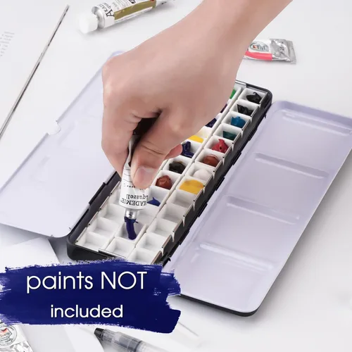 Vista 5 de PEVART Paleta de pintura de acuarela vacía, caja de metal con 37 medias bandejas de color de agua y paleta plegable, bandeja de pintura de estaño