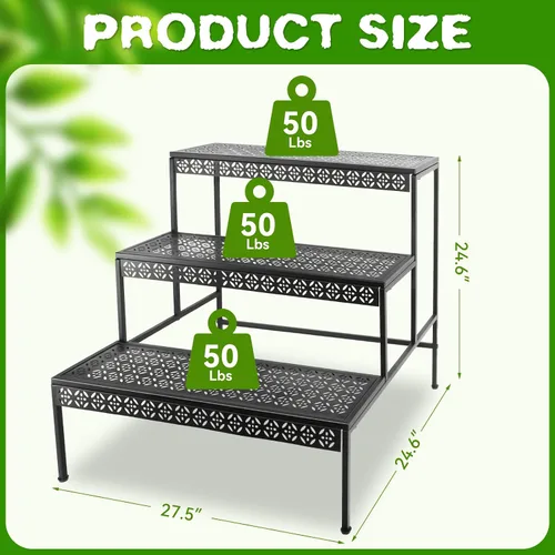Vista 2 de Soporte de metal para plantas de 3 niveles, soporte para macetas de flores, soporte para plantas escalonadas, organizador de almacenamiento al aire