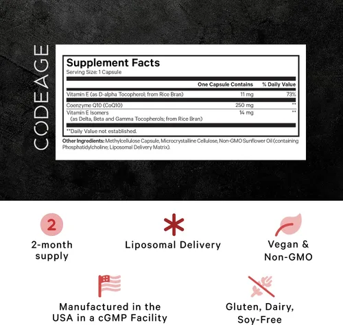 Vista 2 de Codeage Suplemento liposomal CoQ10 Max - 250 mg de coenzima Q10 con isómeros de vitamina E tocoferoles - Suministro de 2 meses - 1 cápsula por
