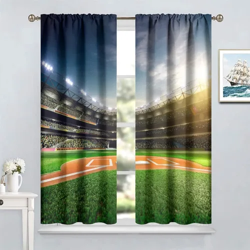 Vista 2 de Cortinas de ventana de campo deportivo, béisbol profesional Grand Arena en la luz del sol, bolsillo para barra, tratamientos decorativos