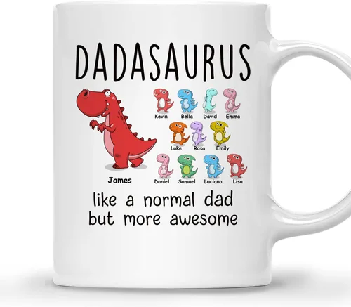 Vista 12 de Gossby Taza de Café Personalizada DADASAURUS – Regalo Personalizado para Papá de Niño, Hija, Hijo, Esposa Con Diseño, Nombres – Divertido Día