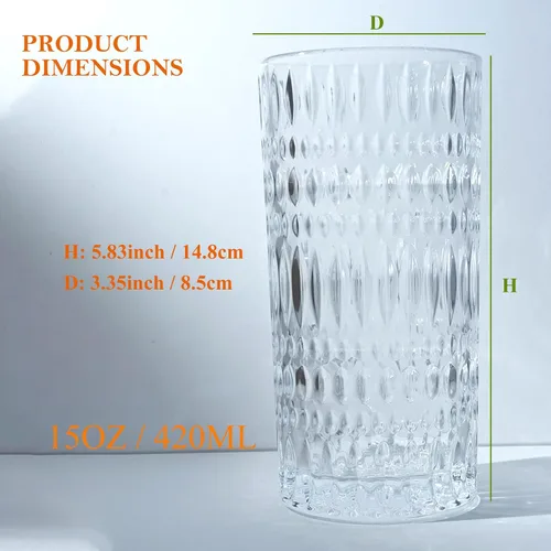 Vista 2 de Vasos Highball [Juego de 4] - Vasos de vidrio vintage de 15 onzas ideales para fiestas de cena - Textura única, aptos para lavavajillas