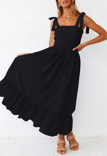 Vista 8 de ZESICA vestido bohemio y liso de verano para mujer acampanado con tirantes delgados cuello cuadrado y volantes vestido largo para la playa
