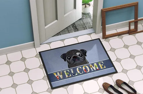 Vista 4 de Caroline's Treasures BB1449JMAT - Tapete de bienvenida de carlino negro, 24 x 36 pulgadas, tapete azul para puerta delantera, para interiores y Pug