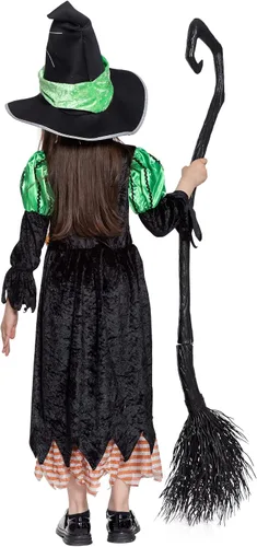 Vista 5 de Disfraz de bruja de Halloween para niñas, vestido de bruja verde lindo disfraz de lujo juego de rol