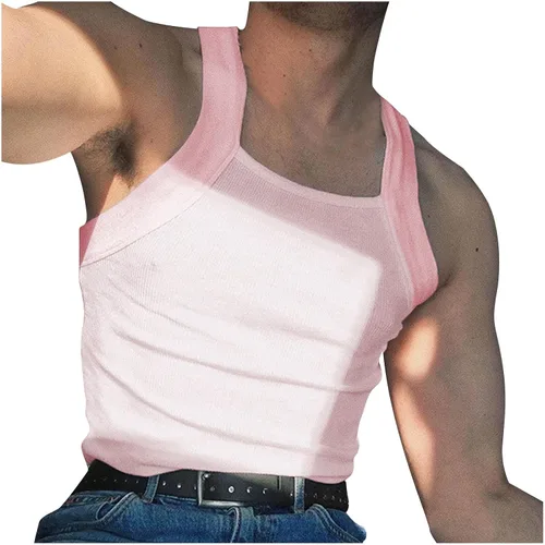 Vista 13 de Generic Camiseta sin mangas acanalada para hombre, corte cuadrado, camiseta sin mangas ajustada, ropa interior de verano, a la moda