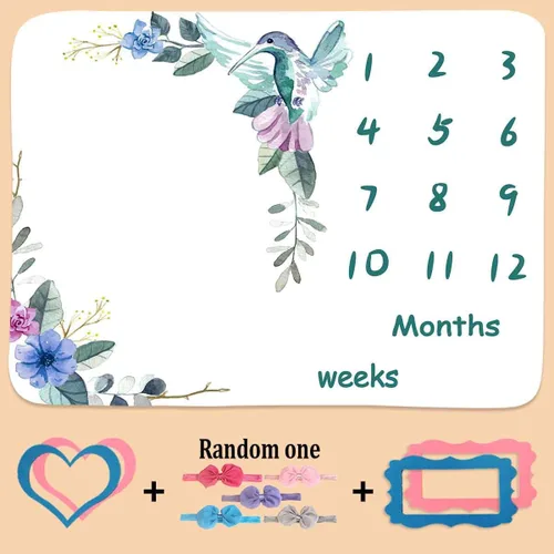 Vista 3 de BTXTPH504 - Manta mensual de hitos para bebé, tabla de crecimiento personalizada de pájaro floral azul, fotos de bebé, 48 x 40 pulgadas, fondo