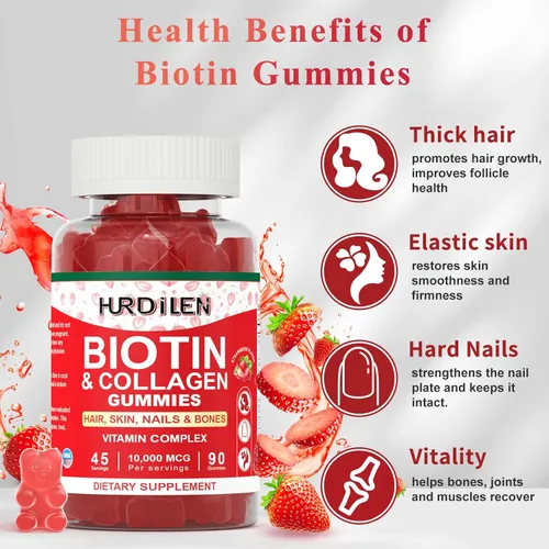 Vista 4 de Gomitas para el cabello, la piel y las uñas, 10000 mcg de biotina y colágeno para mujeres y hombres, suplementos vitamínicos que apoyan