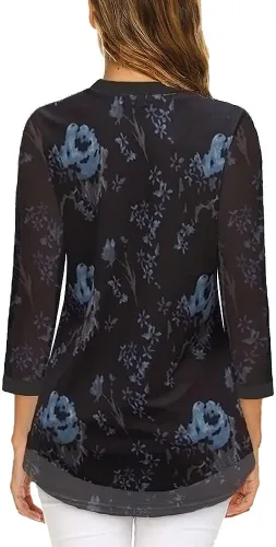 Vista 2 de Supnier Blusas elegantes para mujer, manga 34, cuello en V, con estampado floral, camisas de malla, ajuste holgado