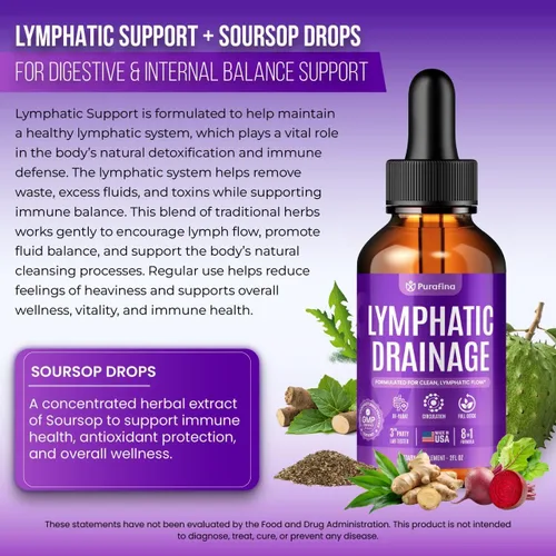 Vista 7 de Gotas de drenaje linfático orgánico con cuchillas, raíz roja, bardana, jengibre, diente de león, guanábana, aceite de semilla negra, desintoxicación