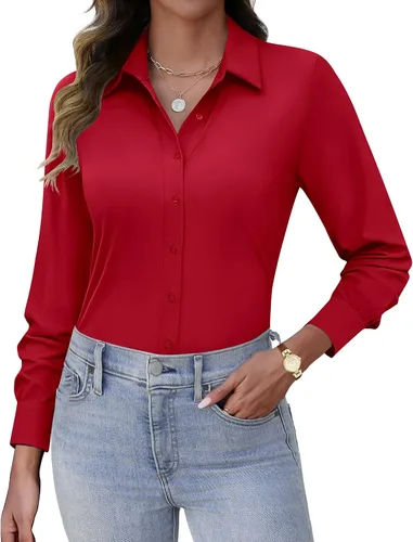 Vista 8 de HOTOUCH Camisas con botones para mujer, de manga larga, elásticas, sin arrugas, blusas de trabajo, ajustadas, para la oficina