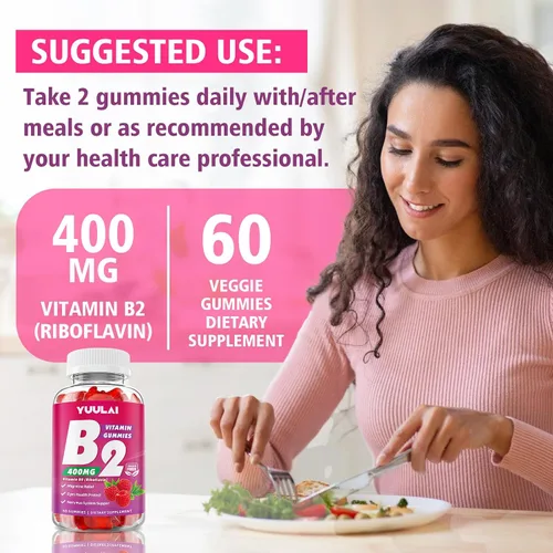 Vista 7 de Gomitas de vitamina B2 de 400 mg Suplemento de riboflavina con magnesio para niños y adultos, gomitas B2 para aliviar la migraña, el sistema