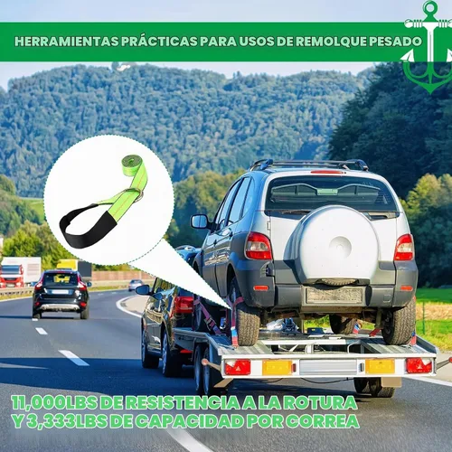 Vista 5 de Paquete de 4 Correas de Remolque de Camión de 2" x 8 pies, Correas de Elevación de Rueda Lasso, Correa de Remolque Lasso con Anillo en D 11, 000
