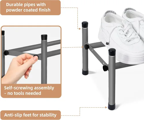 Vista 6 de STORAGE MANIAC - Estante de zapatos ampliable, 4 pares, pequeño estante de zapatos apilable, organizador de zapatos ajustable de metal para armario