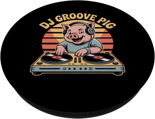 Vista 2 de DJ Groove Pig Retro DJ Turntable Sunset Vibes PopSockets Adhesive PopGrip
