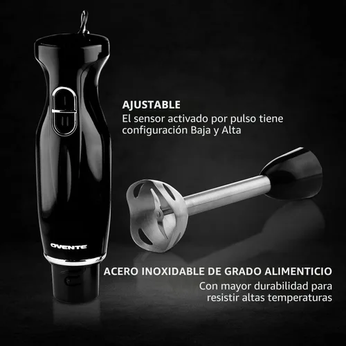 Vista 5 de OVENTE - Batidora de mano de inmersión, eléctrica portátil de 300W con 2 velocidades de mezcla y cuchillas de acero inoxidable para licuados, Negro