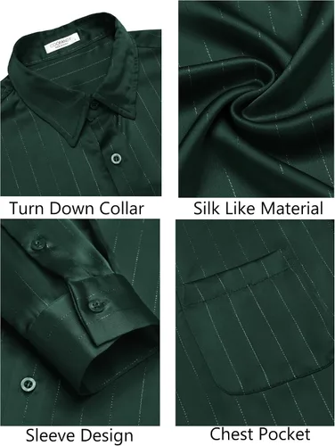 Vista 5 de COOFANDY Camisa de vestir de satén de lujo para hombre, de seda brillante, manga larga, con botones, camisa de boda, fiesta, baile de graduación
