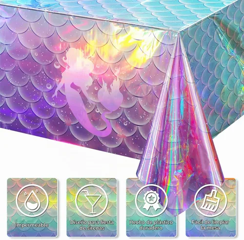 Vista 4 de 1 mantel de plástico iridiscente de sirena, manteles desechables con láser de sirenas, funda de mesa desechable para niñas, cumpleaños, bodas