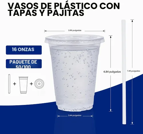 Vista 8 de 100 unidades de vasos de plástico transparente de 16 onzas con tapas y pajitas, caja dispensadora organizada, vasos desechables resistentes