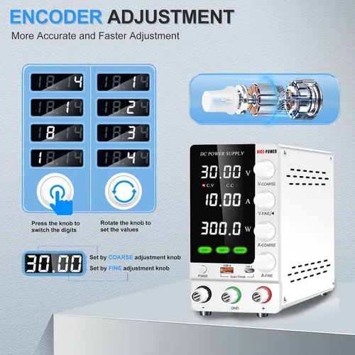 Vista 4 de NICE-POWER Fuente de alimentación CC variable 30V 10A, fuente de alimentación de banco de CC regulada ajustable con interruptor