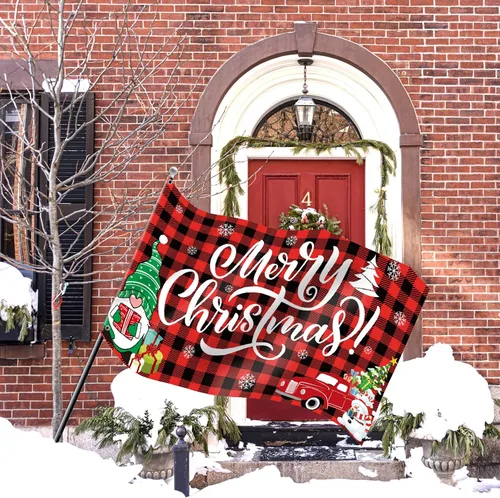 Vista 4 de Bandera de Feliz Navidad de 3 x 5 pies para decoración de patio y pancarta de búfalo rojo a cuadros de búfalo rojo, decoración al aire libre