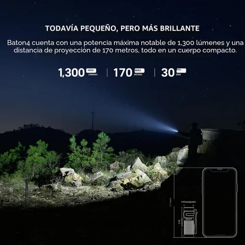 Vista 3 de OLIGHT Baton4 Linterna EDC recargable, luz de bolsillo LED de 1300 lúmenes con cable de carga magnético, 6 modos, IPX8 impermeable para el hogar