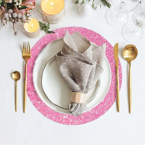 Vista 2 de Manteles individuales rosados con purpurina rosa para manteles individuales para mesa de cocina, manteles individuales para fiestas de hierba