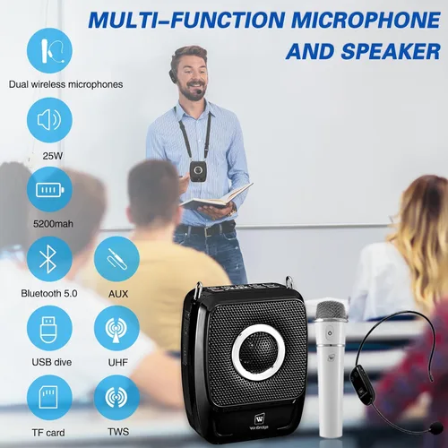Vista 3 de Amplificador de voz con micrófonos profesionales duales, micrófono portátil inalámbrico de 25 W y sistema de altavoces, altavoz Bluetooth