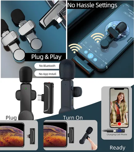 Vista 5 de NPTCL Paquete de 2 micrófonos Lavalier USB C inalámbrico Lav Mic para teléfono Android Cancelación de ruido Mini micrófono de solapa tipo C