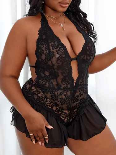 Vista 4 de OYOANGLE Body de encaje para mujer, talla grande, con abertura en la espalda, estilo halter