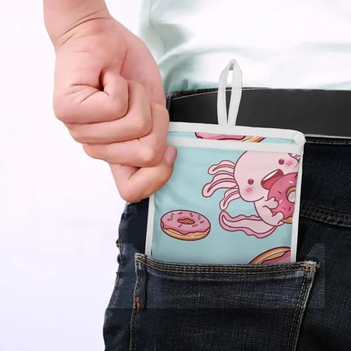 Vista 3 de Belidome Bolsa de comestibles con diseño de donas de ajolotl para compras, lavable, reutilizable, con bolsillo para asa