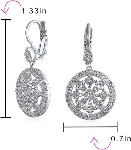 Vista 4 de Aretes colgantes de estilo vintage para novia, brújula redonda, circonita cúbica, circonita cúbica, latón chapado en plata, Gema Metal, Circonia