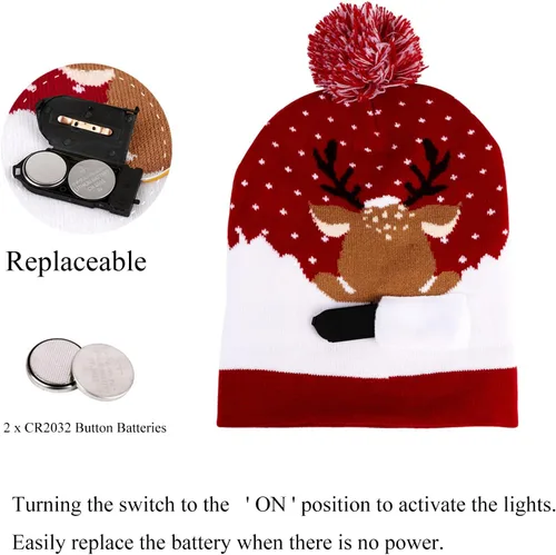 Vista 5 de LED Christmas Hat Red, Light Up Christmas Hat Beanie Holiday Hat with Cute Deer