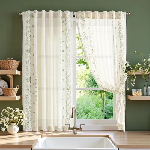 Vista 39 de jinchan Cortinas de lino floral beige para cocina, 24 pulgadas, 2 paneles A Beige